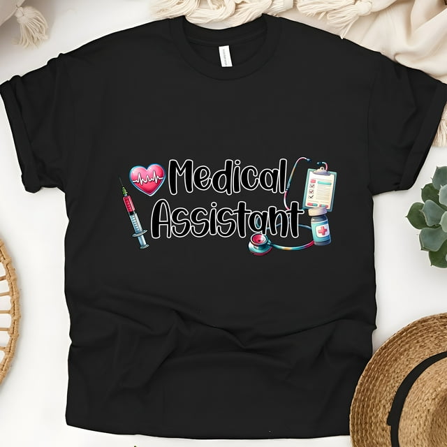 Chandail d'Assistant Médical / Seringue pour Stéthoscope T-Shirt de Soins de Santé, Noir, Taille TG