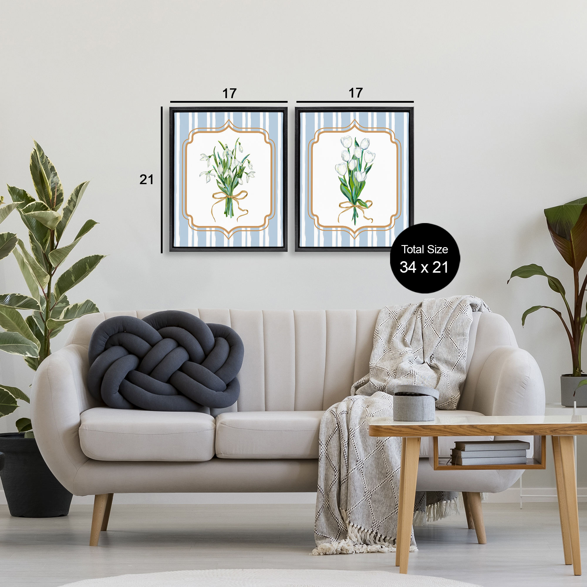 White Flowers Classic Stripes 2 Piece Black Framed Floater Canvas Set, design by Adonna Ebrahimi