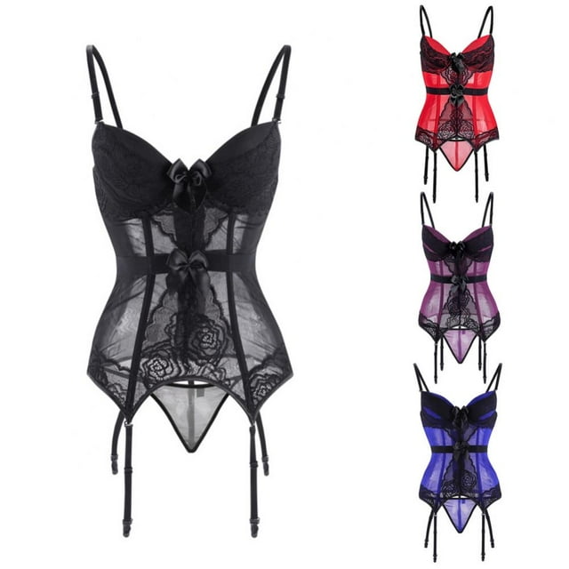 Women Lingerie Set Lace Teddy Bodysuit with Garter Belt Mini Babydoll