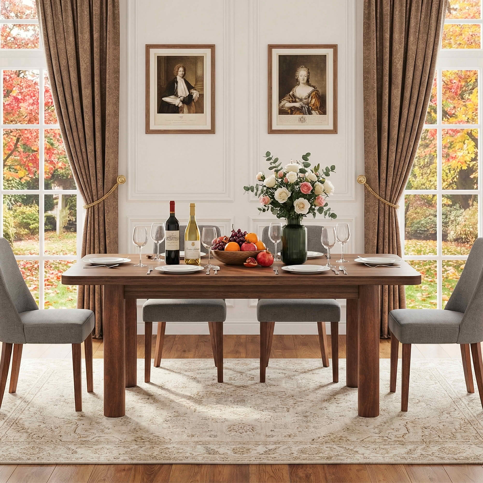 MAYEERTY 63" Brown Farmhouse Dining Table, 4-6 Person Easy Assembly Rectangular Kitchen Table