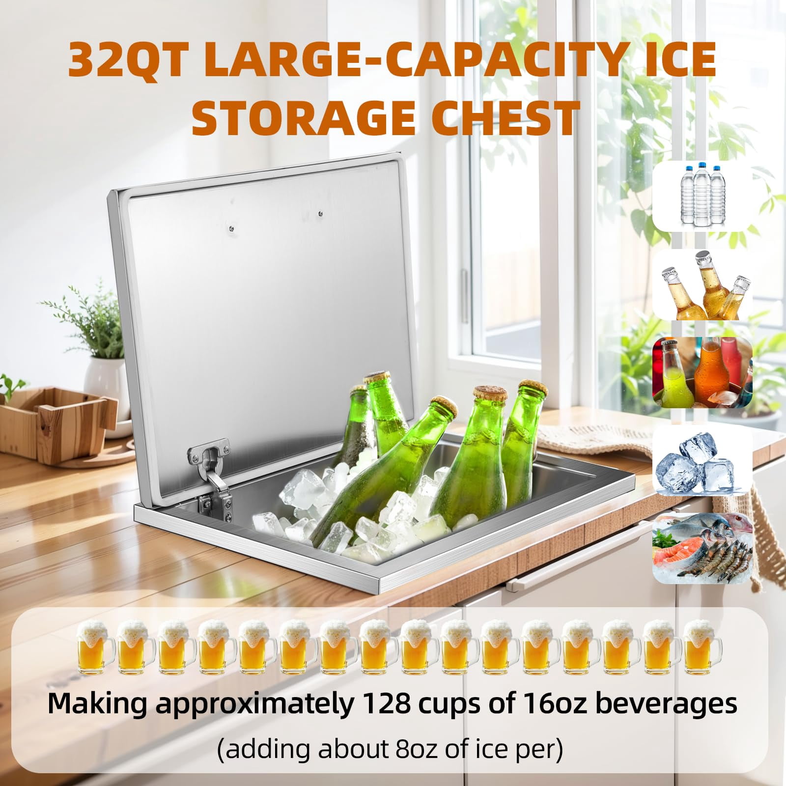 Luku Drop in Ice Chest, Stainless Steel Commercial Ice Bin with Hinged Cover, Outdoor Kitchen Ice Bar for Drinks