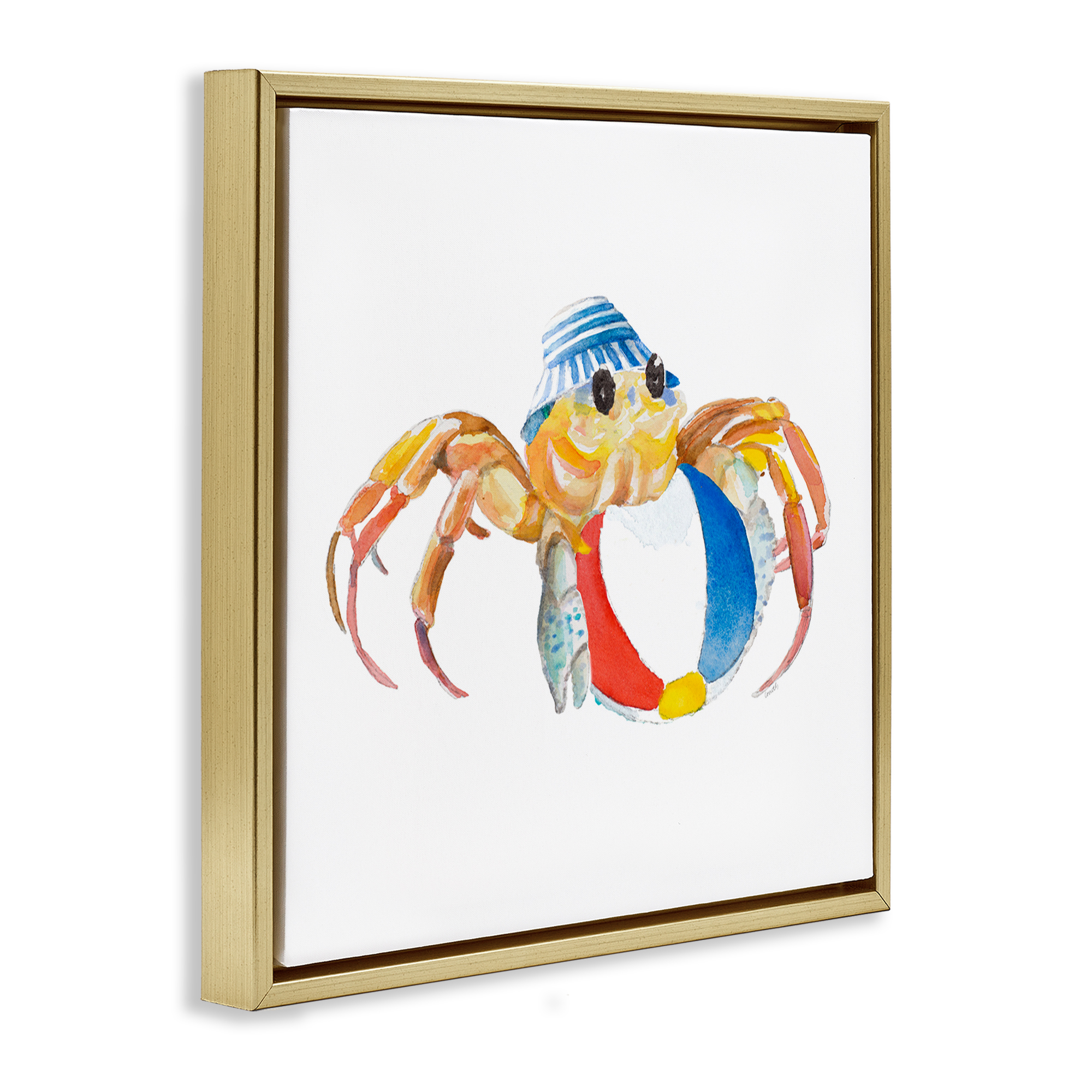 Stupell Industries Beach Ball Crab Novelty Painting Gold Floater Framed Canvas Art Print Wall Art, 25 x 25