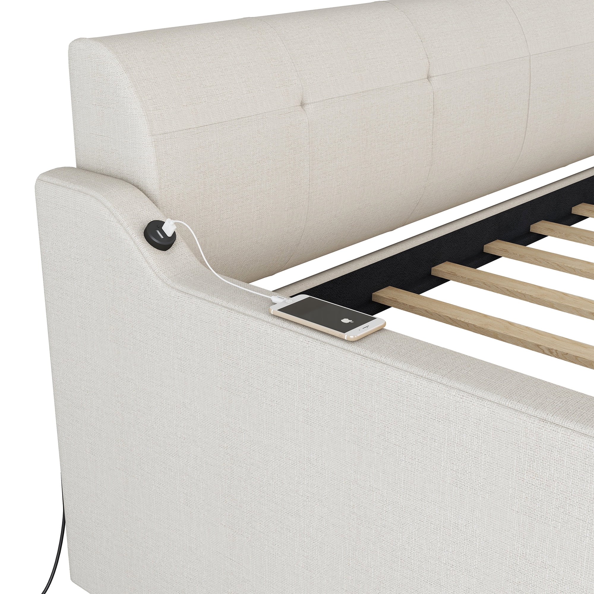 Alvantor Twin Upholstered Daybed with Trundle, Wood Sofa Bed With USB Port for Living Room Bedroom, Beige