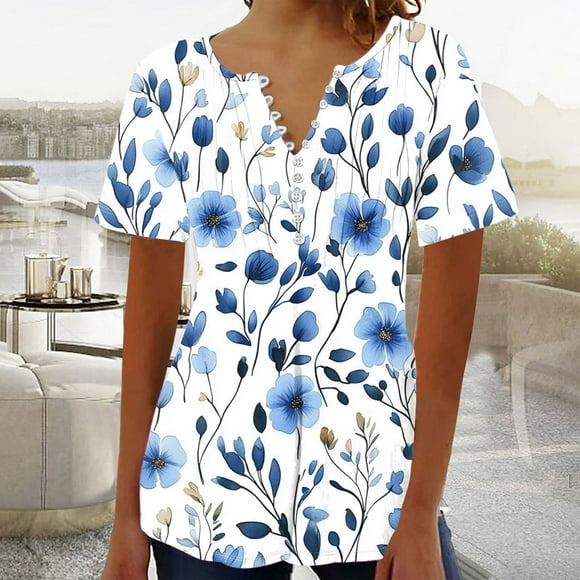 Summer Savings Clearance! Fatuov Plus Size Womens Shirts Casual Short Sleeve V-Neck Button Shirts Floral Print Graphic Tees Summer Shirts Blue, Size 3XL