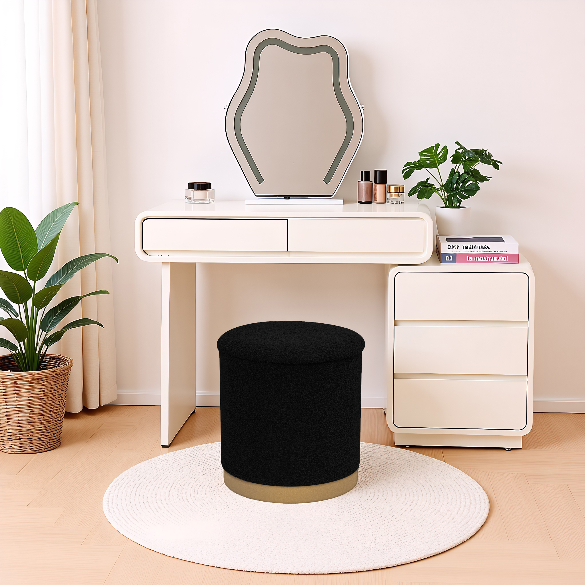 PINPLUS Round Storage Ottoman with Tray Gold Edge Stool Leg Folding Foot Rest for Living Room Black,Sherpa Fabric