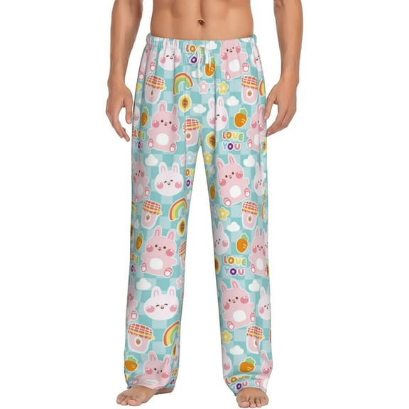 Daiia Love You Rabbit Men's Sleep Pant with Pockets and Drawstring,Pajama Pants-Small