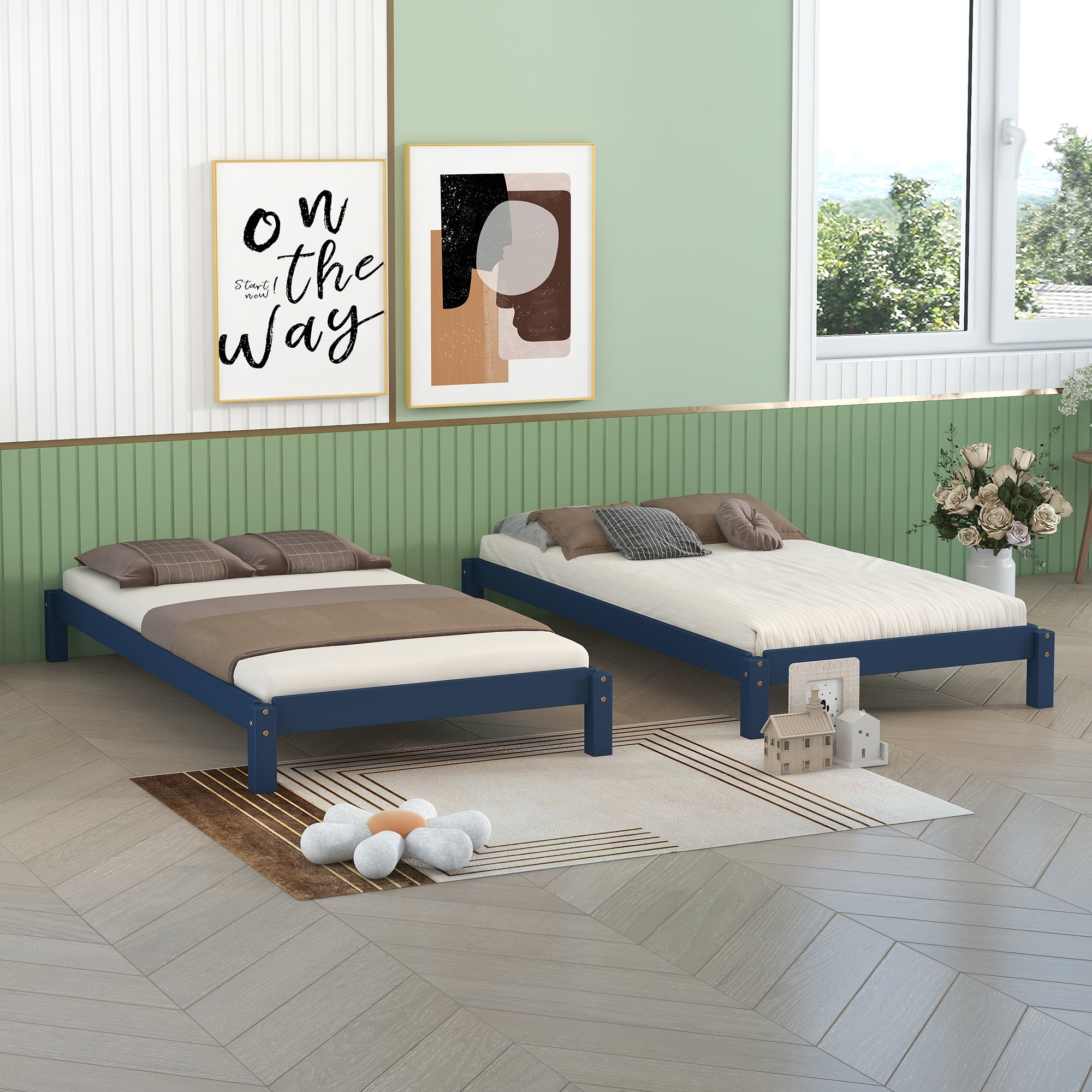 Double Twin Size Platform Bed Can Stackable, Solid Wood Twin Bed for 2, LShaped Corner
