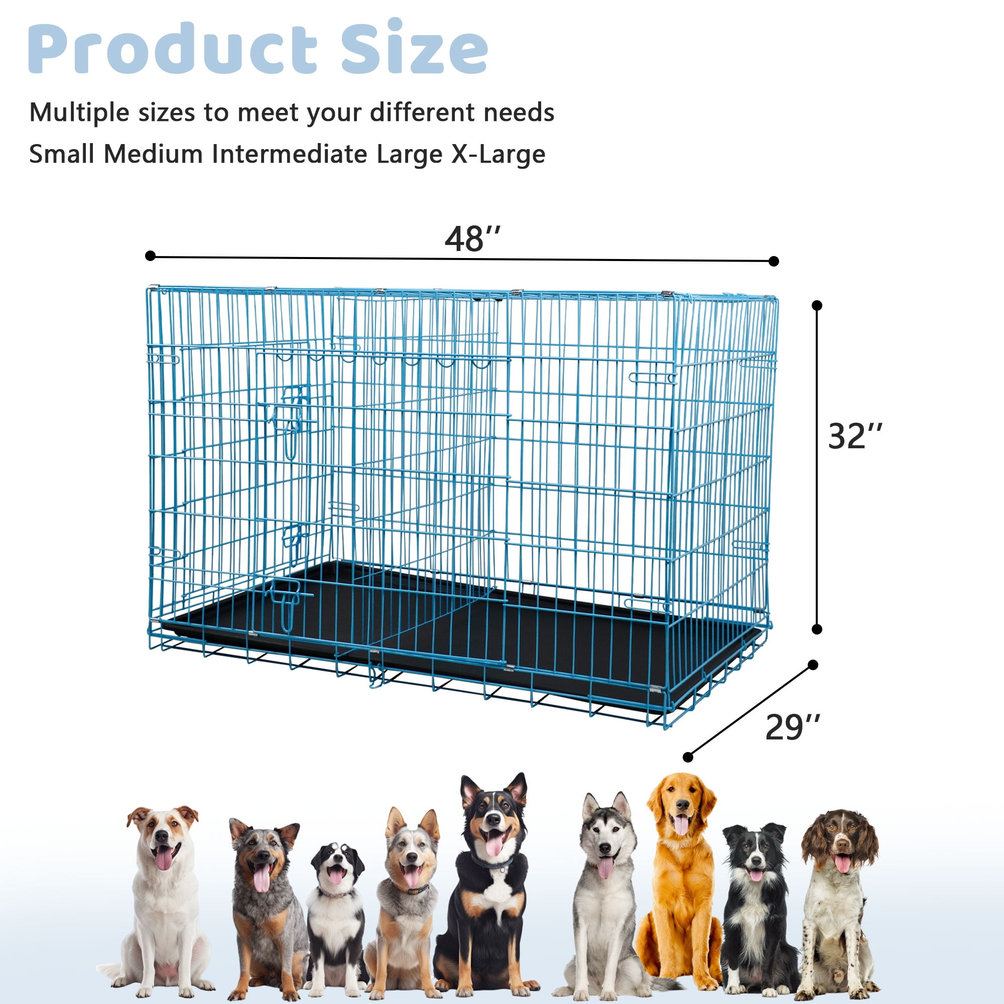 YRLLENSDAN 48 inch Dog Crate, Dog Crates and Kennels Foldable Large Dog Crate for Large Dogs with Handle Double-Door Outdoor Metal Wire Dog Cage with Plastic Tray for Medium Dogs, Blue