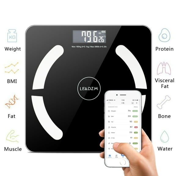 Bluetooth Body Fat Scale, Smart Wireless BMI Bathroom Weight Scale Body Composition Monitor Health Analyzer with Smartphone App for Body Weight, Fat, Water, BMI, BMR, Muscle Mass - Black