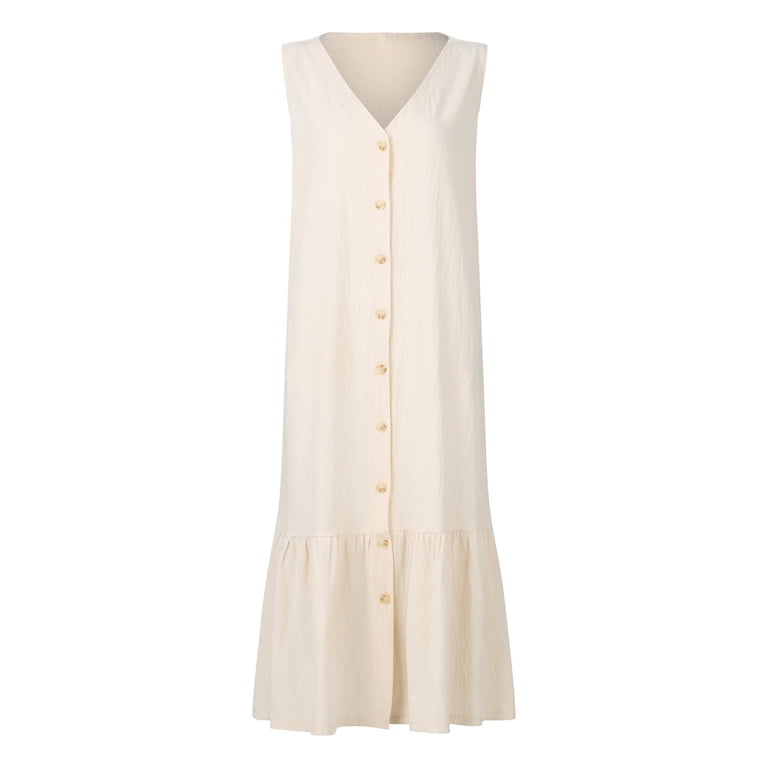 fartey Womens Cotton Linen Tank Dress Casual Sleeveless V Neck Vest  Sundress with Pockets Button Down Ruffle Hem Maxi Dresses - Walmart.com