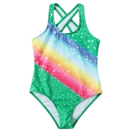 

B91xZ Girls Plus Size Swimsuit Print Girls Crisscross Summer Conjoined Swimsuit Floral Printing Rainbow Cute Girls Swimwear Green Sizes 11-12 Years