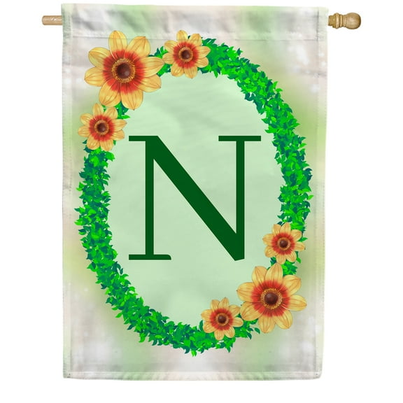 America Forever Summer Sunflower Wreath Monogram House Flag Letter M 28 x 40 inches Green Ivy Wreath Summertime Double Sided Vertical Outdoor Yard Lawn Decorative Seasonal Yellow Floral House Flag