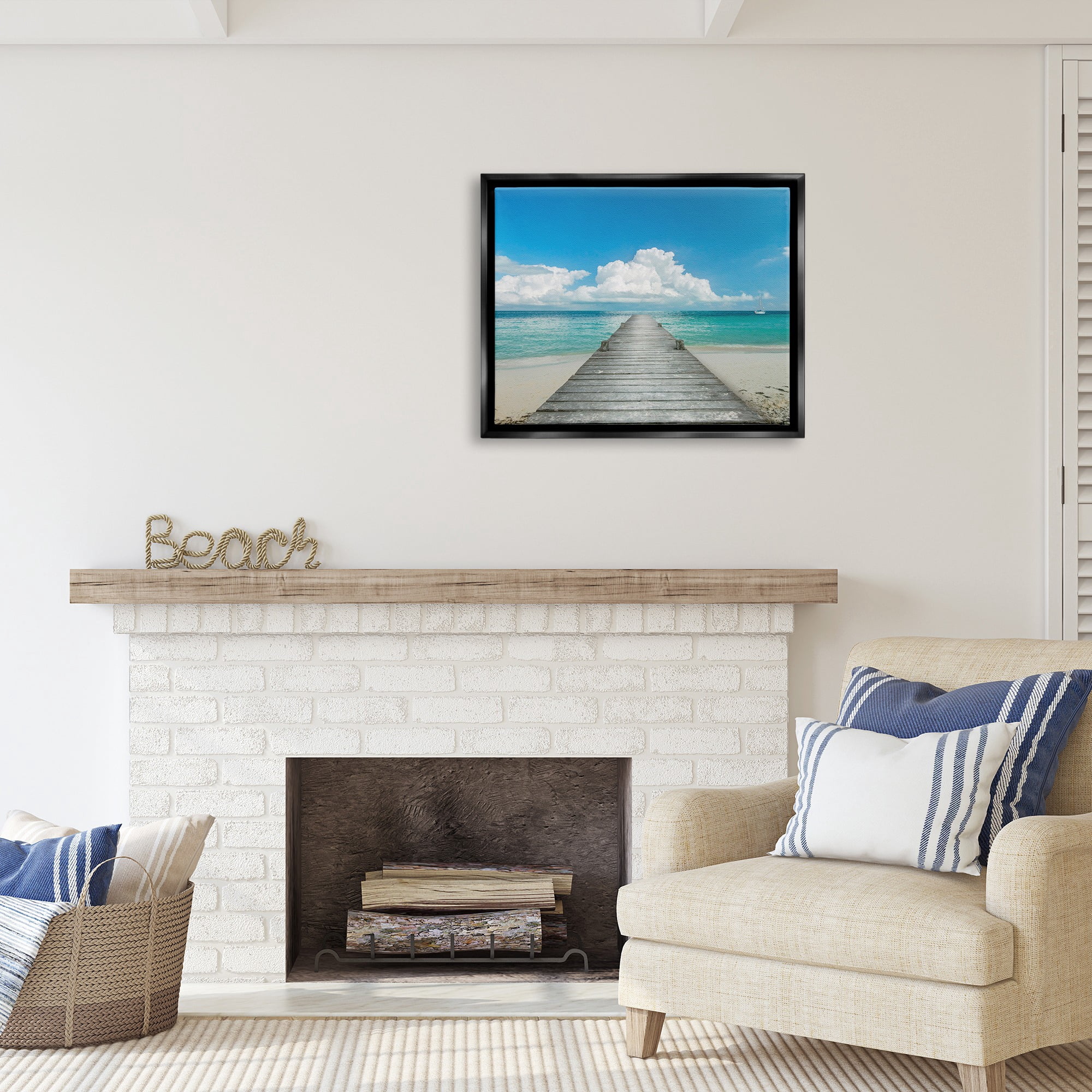 Stupell Industries Clear Blue Beach Sky Nature Photography Black Floater Framed Canvas Art Print Wall Art, 31 x 25