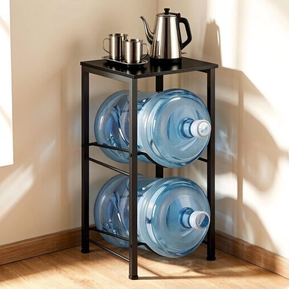 5 Gallon Water Jug Holder 2 Tier Water Bottle Holder Organizer with Top Shelf Heavy Duty Water Storage Rack Dispenser Stand for Kitchen Office Garage Black