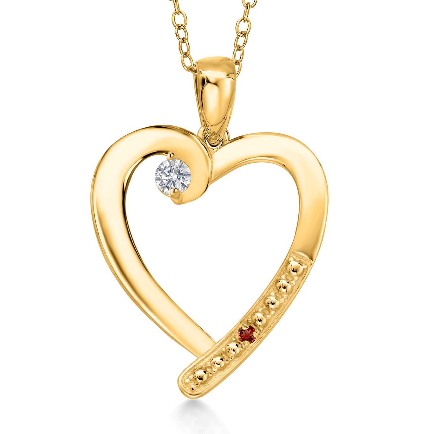 Gem Stone King 18K Yellow Gold Plated Silver Lab Grown Diamond and Red Garnet Heart Pendant Necklace for Women | 0.19 Cttw | Gemstone April Birthstone | Round 3.5MM | With 18 inch Chain