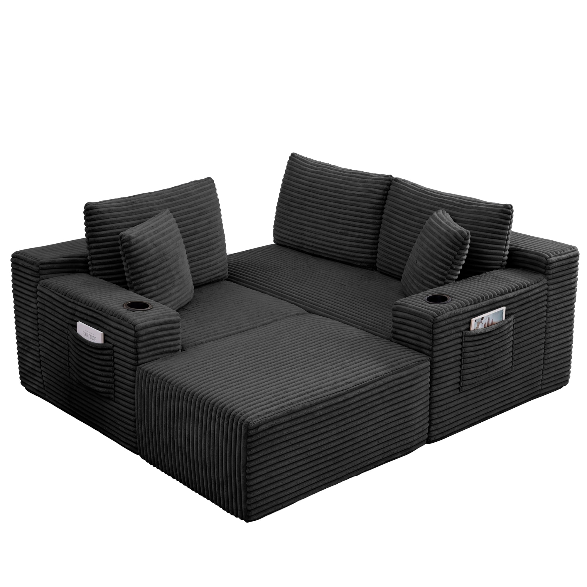 HOQBN L-Shaped Sectional Sofa with Ottoman, Corduroy 3-Seat Couch, Modern Modular Sofa for Living Room Dark Gray