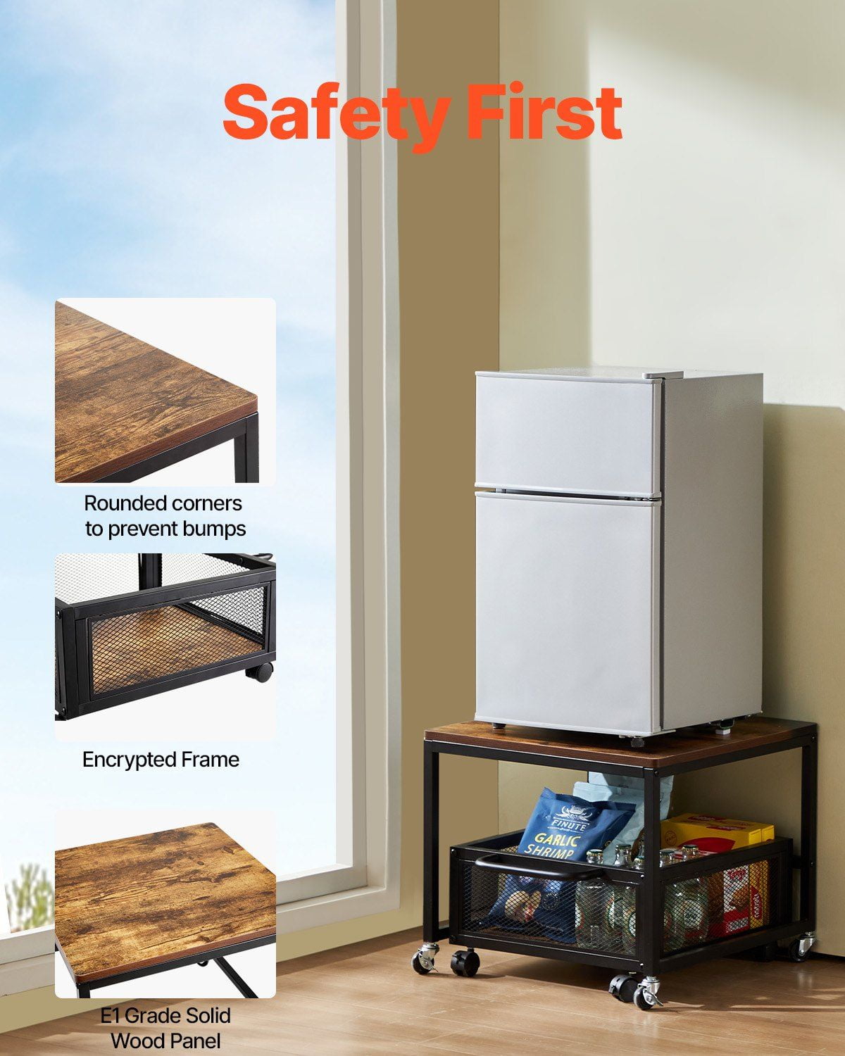 Mini Fridge Stand with  198lbs Cart & Swivel Wheels Light Brown