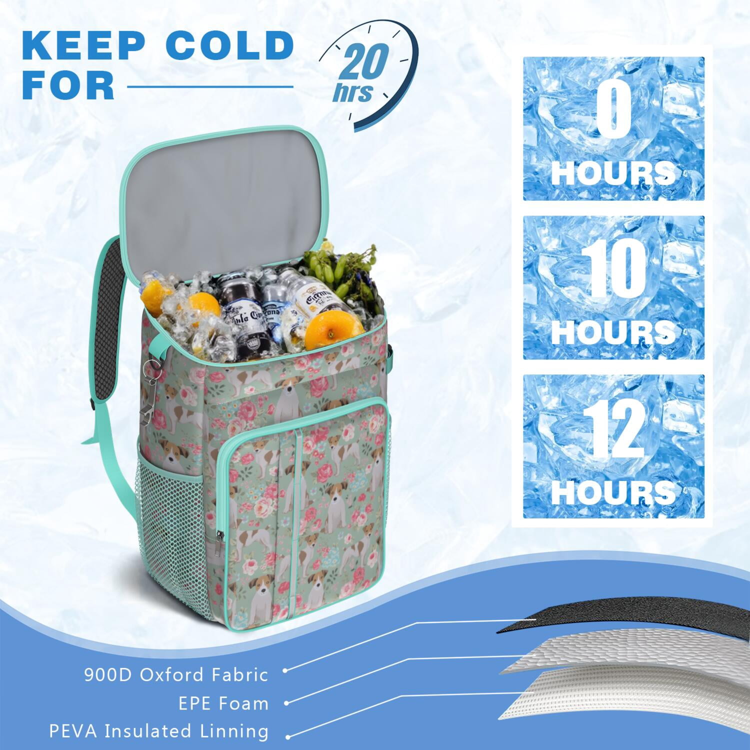 Travel Cooler Bag - Jack Russell Terrier Dog and Flower Camping Beer Cooler Backpack with Bottle Opener- Waterproof Insulated Picnic Backpacks - Cooler Bag for Beach