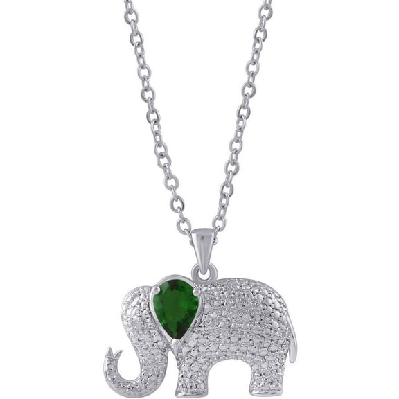 Diamond Accent and Emerald Gemstone Silver-Tone Elephant Fashion Pendant, 18" Chain