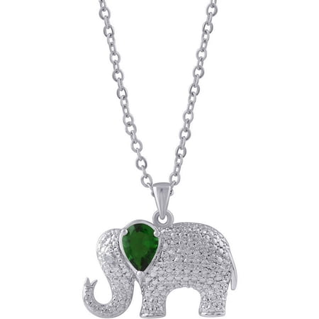 Diamond Accent and Emerald Gemstone Silver-Tone Elephant Fashion Pendant, 18" Chain