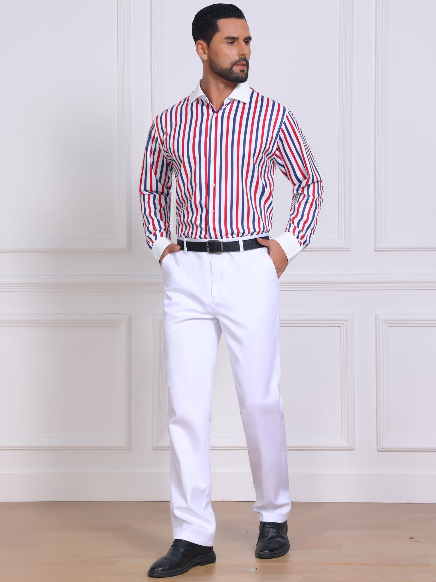 DARING DIVA Men's Striped Button Down Long Sleeve Stretch Shirts M Red Blue