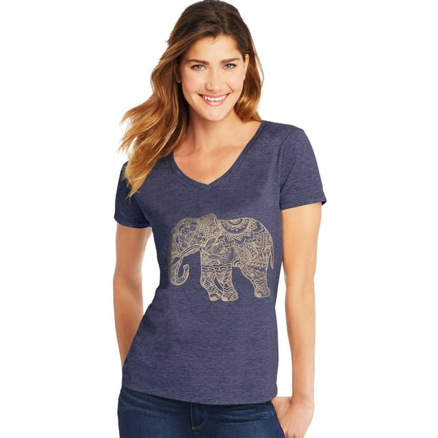 Hanes Womens Short Sleeve V-Neck Tee, M, Pattern Elephant/Navy Heather