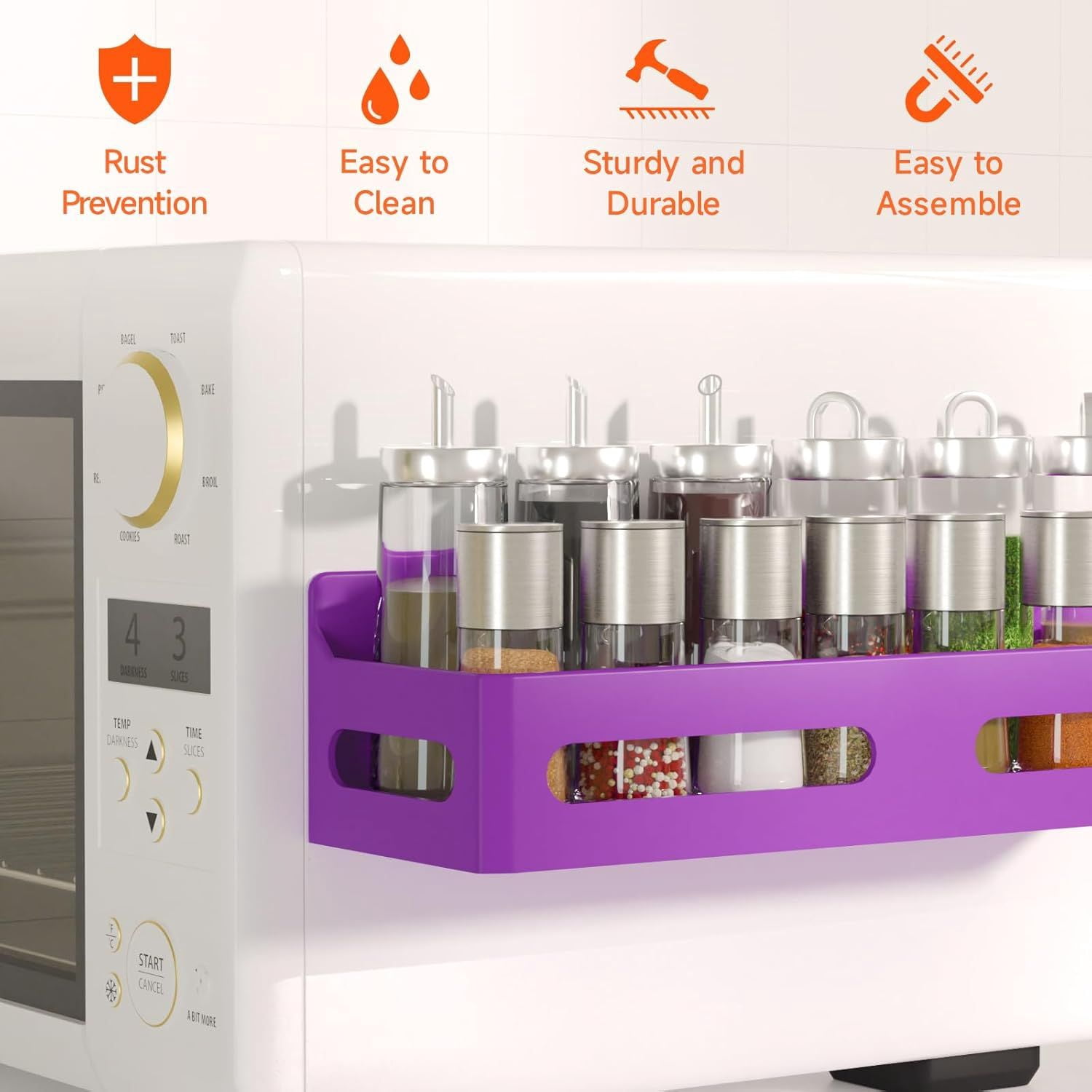 4 Pack Magnetic Spice Rack for Refrigerator Multipurpose Fridge Shelf with 4 Hooks Purple for Kitchen Bathroom Storage