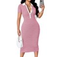 thumbnail image 2 of Women's Lapel Collar Striped Short Sleeve Slim Bodycon Midi Dress Pink XXL, 2 of 9