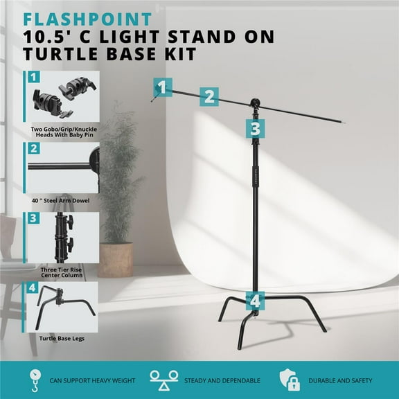 10' Century Light Stand on Turtle Base Kit with 40" Grip Arm & Two 3" Gobo Heads and Baby Pin, Black