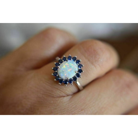 2.50Ct Oval Cut Lab Creatd Opal Halo Engagement Women's Ring 14K White Gold Plated Silver