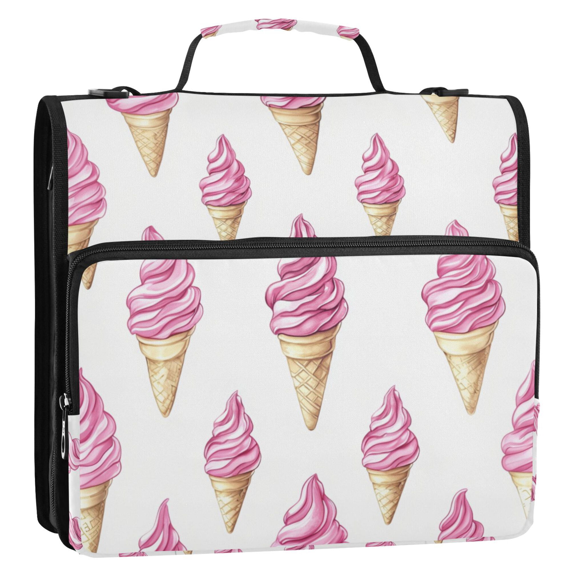 FORMRS Zipper Binder with Shoulder Strap 2-inch Ring 500 Sheet Capacity File Bag, Pink Cartoon Ice Cream