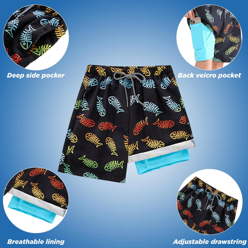SILVERCELL Boys Swim Trunks with Boxer Brief Liner Swim Shorts Boys Compression Liner Youth Anti Swim Trunks 5-16 Years