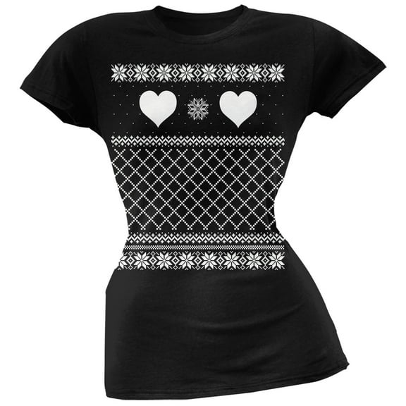 Valentine Heart Ugly Valentine Sweater Black Soft Juniors T-Shirt - Small
