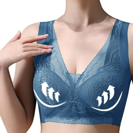 qILAKOG Womens Lace Bralette Plus Size Solid Color/Printed Lace Bras Gathered Lingerie Everyday Daily Bra Vest Crop Wireless Lingerie Deep V Sexy Underwear Camisole Cute Bra L to XXXXXL Blue