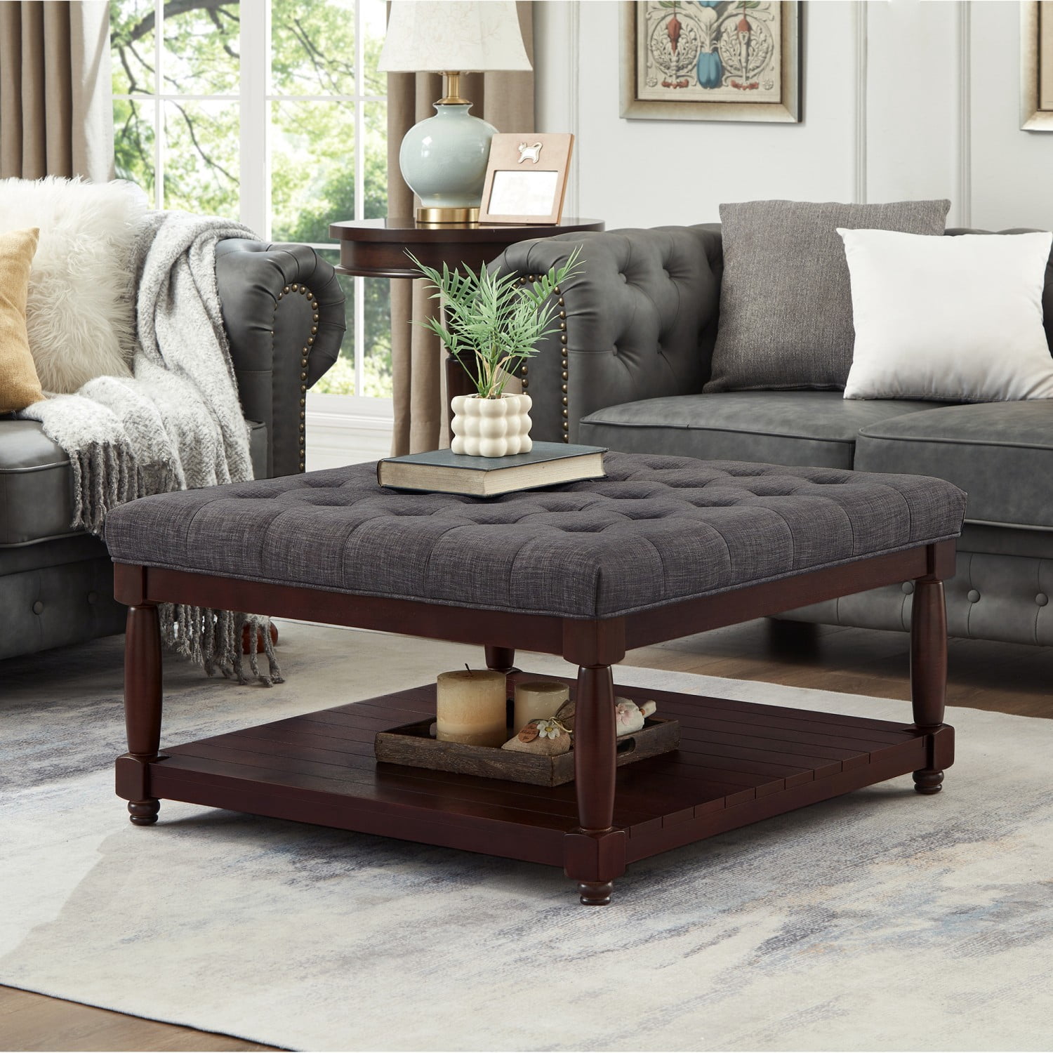 Large Square Tufted Linen Ottoman Coffee Table, Upholstered Footrest with Solid Wood Storage Shelf, Dark Gray Living Room Center Table