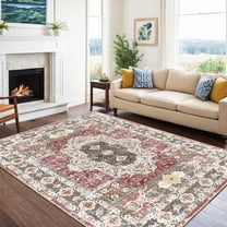 5'x7' Traditional Area Rugs for Living Room, Non-Slip Indoor Thin Carpet for Bedroom, Foldable Persian Medallion Rugs,Red