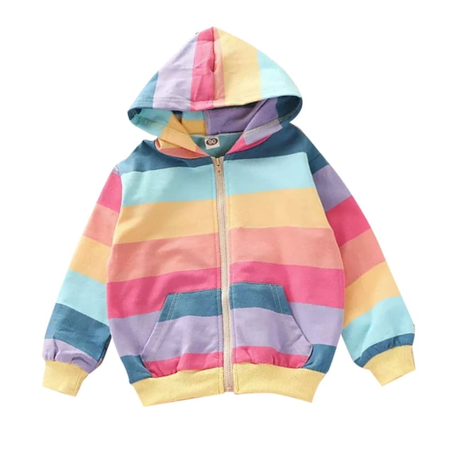 Aocisk Chandail à Capuchon pour Filles, Mode, Arc-en-Ciel à Rayures, Mi-Long, Col Rond, Manches Longues, Haut, Rose, 2-3 Ans