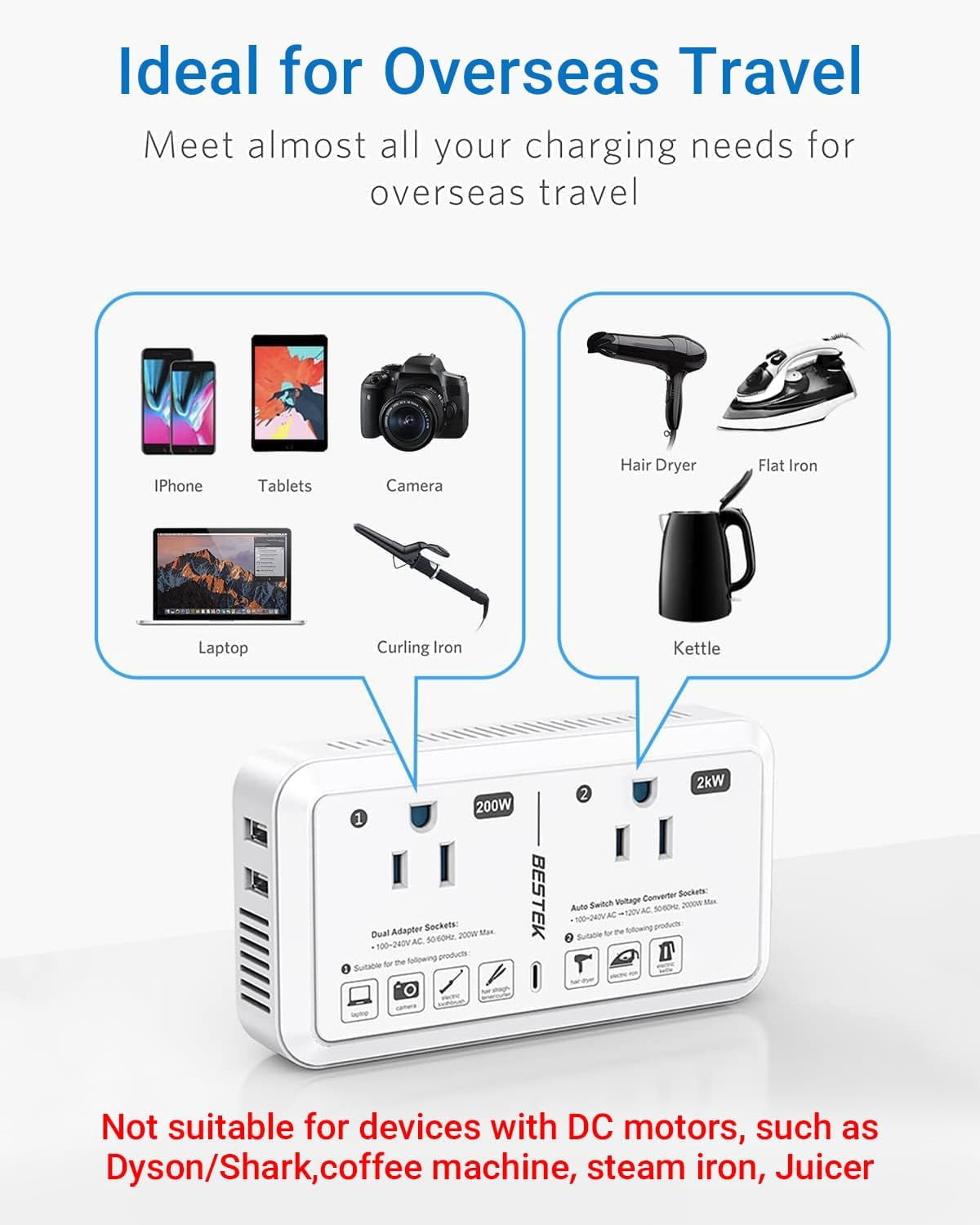 BESTEK 2000W Travel Voltage Converter, International Adapter 240V to 120V Step Down Converter with Dual USB Charging Ports for Laptop, Camera, Tablet & More