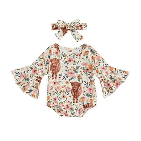 

Blotona Infant Baby Girls Halloween Romper and Headband Flower Cactus Print Long Flared Sleeves Round Neck Jumpsuit for Toddlers 0-24 Months