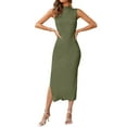 thumbnail image 4 of Coduop Women Sleeveless Mock Neck Long Bodycon Tank Dress Rib Knit Tight Dress Side Slit Dress, 4 of 6