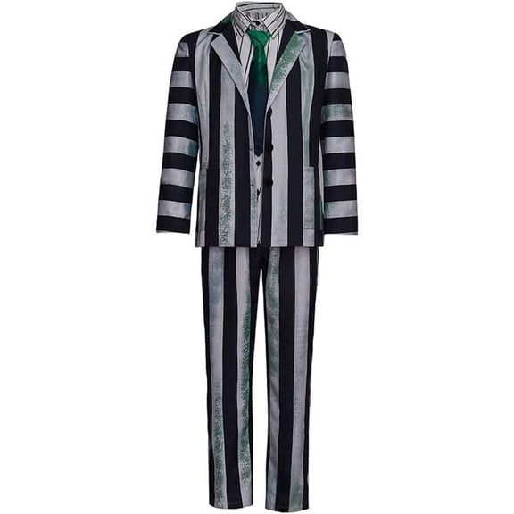 Mens Black White Striped Suit Costume Set Jacket Shirt Pants Tie Outfit