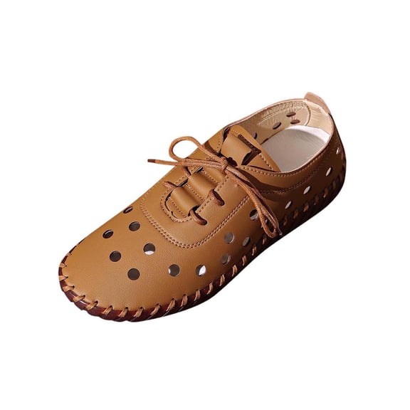 Woman's Sandals Oofos Recovery Shoes for Women Women's Fashion Casual Spring And Summer Style Sewn Solid Color Hollow Breathable Round Toe Cap Toe Lace-Up Soft Bottom Flat Sandals Brown
