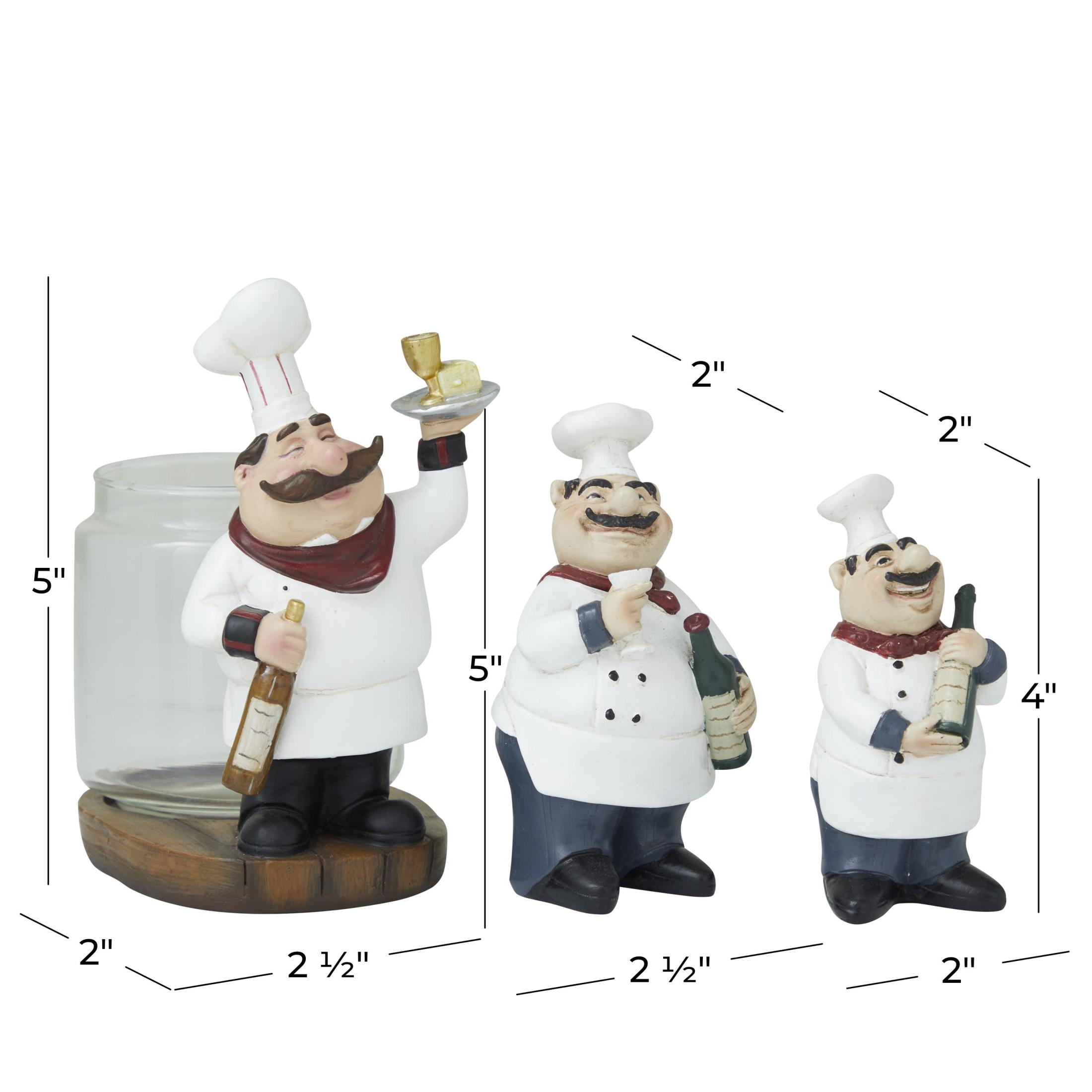 DecMode Polystone Traditional Small-Sized Italian Chef Sculptures 3"W x 5"H, Features a White Chef on a top of a Mason Jar Platform and Two Chefs Hugging Wine Bottles