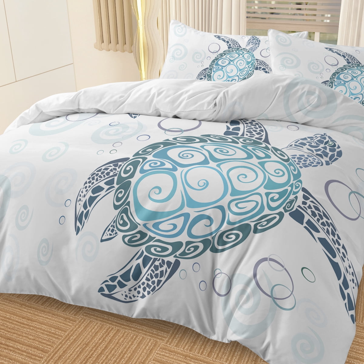 Sea Turtle Bedding Aqua Teal Blue Duvet Cover Sets Beach Turtle Bed Sets Ocean 3 Piece Turtle Themed Comforter Cover with 2 Pillowcases