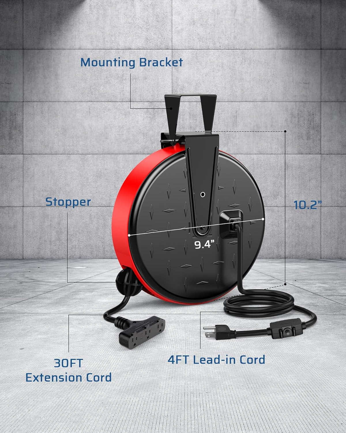 30 Ft Retractable Extension Cord Reel, Ceiling or Wall Mount 16/3 Gauge SJTW Power Cord with 3 Electrical Outlets Pigtail for Garage and Shop, 10 Amp Circuit Breaker, Metal Plate, UL Listed