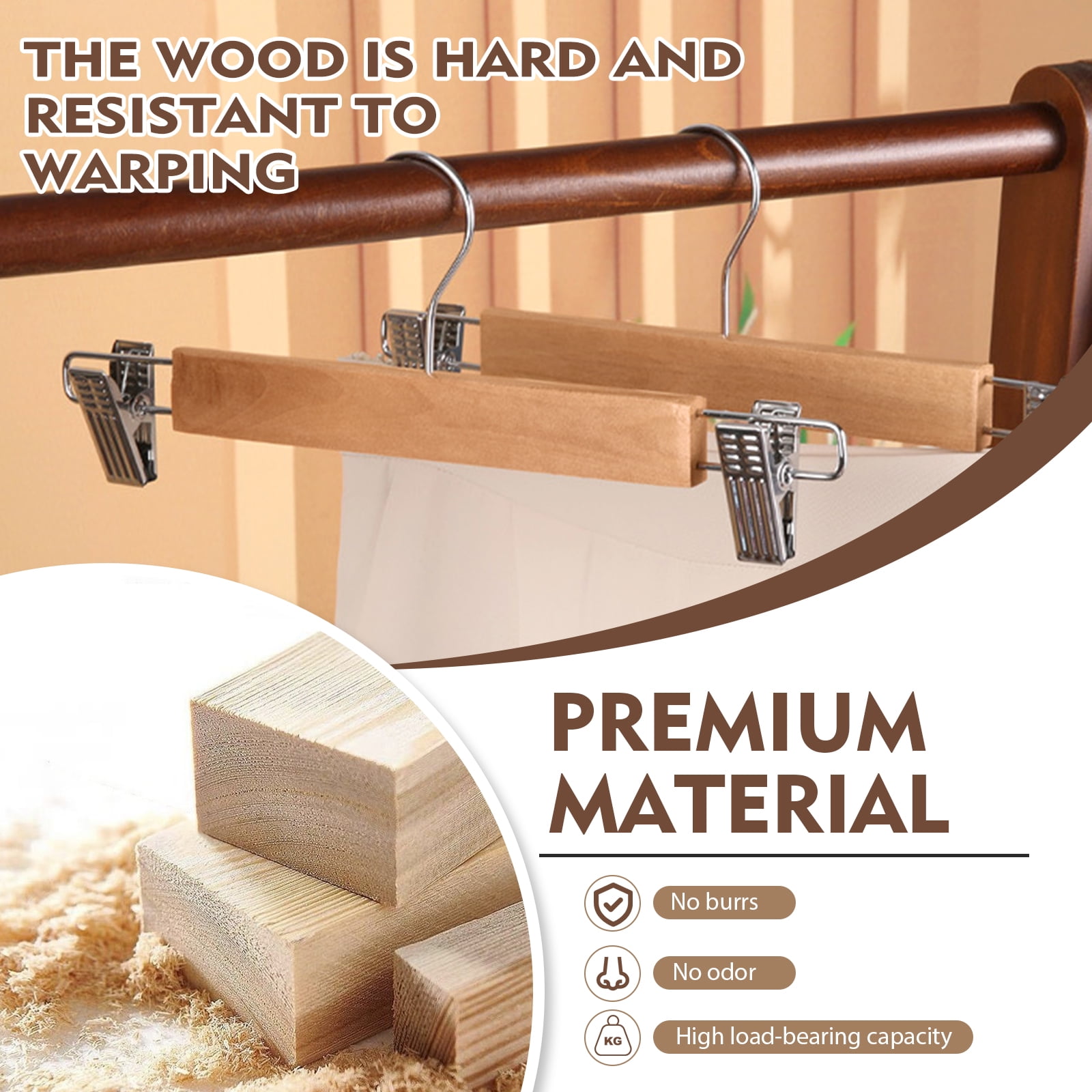 GIRACOA 20 Pack Wood Pants Hangers with Non-Slip Cushion Clips, 13-Inch Wooden Skirt Clamps for Trousers, Jeans, Slacks, & Bottoms – for Closet Organization, Space Saving, 360° Swivel Hook