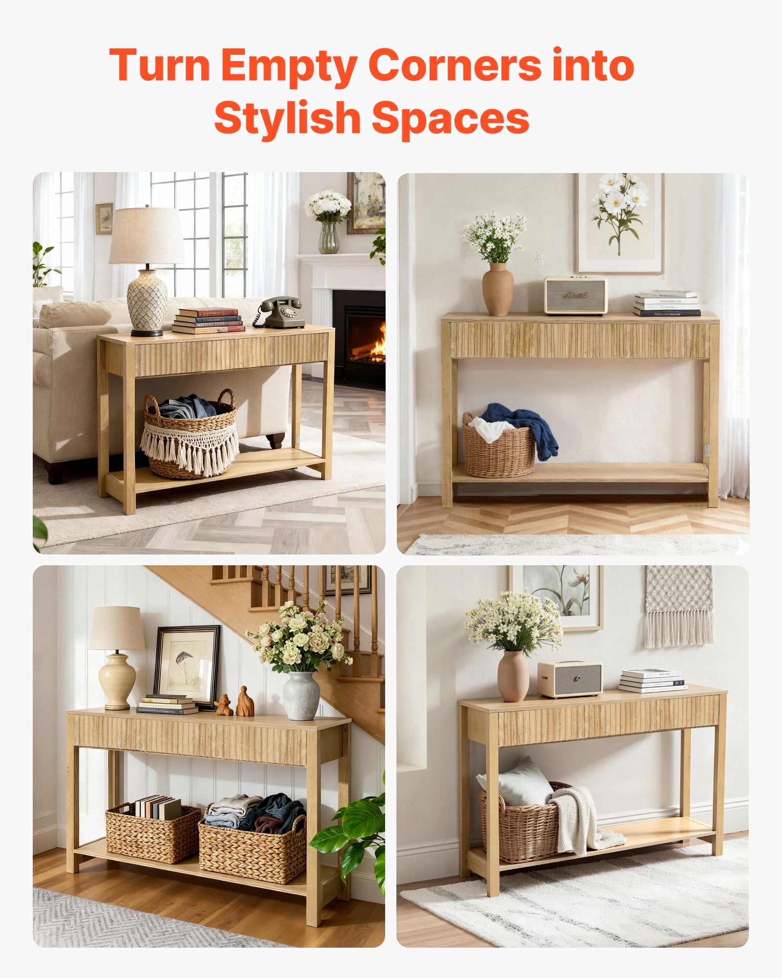 VEVOR 47 in Console Table, Farmhouse Desk Behind the Couch with Drawers and Bottom Storage Shelf, Wooden Rectangle Entrance Narrow Sofa Table for Hallway, Bedroom, Living Room, Foyer, Burlywood