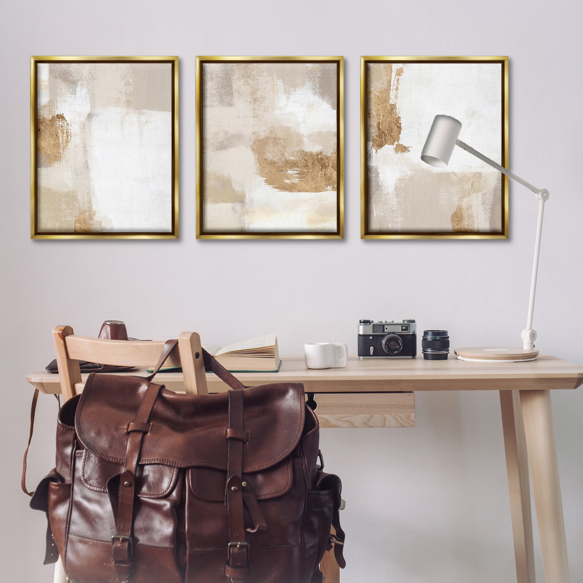 Stupell Industries Beige Modern Abstraction Abstract Painting Gold Floater Framed Canvas Art Print Wall Art, 25 x 31, Set of 3