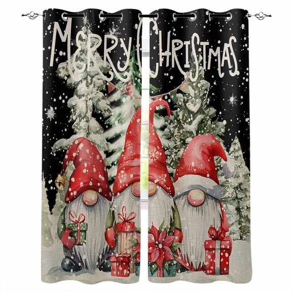 Fsddascl Christmas Gnomes Blackout Curtains for Bedroom/Living Room, Thermal Insulated Kitchen Curtains, Winter Snowflake Pine Xmas Tree Black Grommet Darkening Window Treatment Drapes 27.5"x39"x2