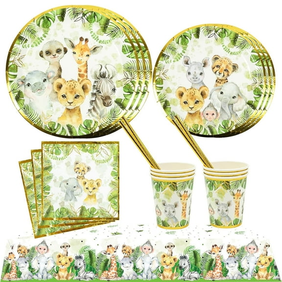 121-Piece Jungle Safari Baby Shower Party Supplies Set, Animal Tableware for Boy or Girl, Serves 24
